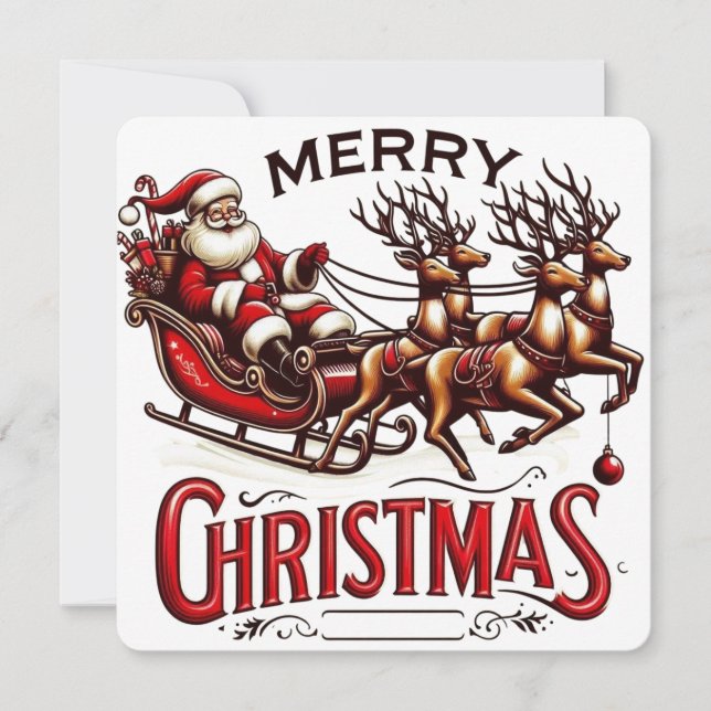 Merry Christmas Santa Sleigh & Reindeer Vintage Invitation (Front)