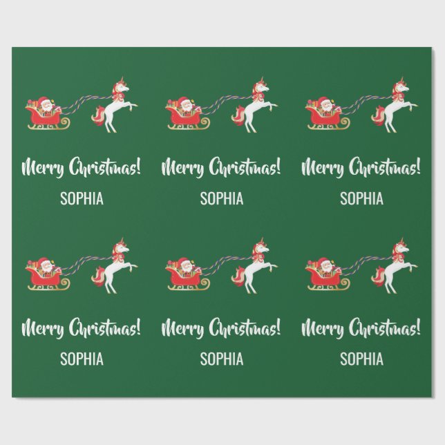 Merry Christmas Santa Sleigh Unicorn Personalised Wrapping Paper (Flat)