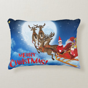 Merry Christmas Santa Sleigh with Elf and Gifts  Decorative Cushion