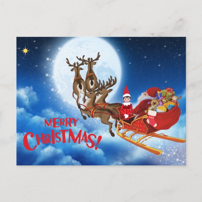 Merry Christmas Santa Sleigh with Elf and Gifts  Holiday Postcard (Front)