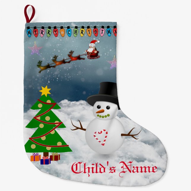 Merry Christmas =- Santa & Snow Man Large Christmas Stocking (Front)
