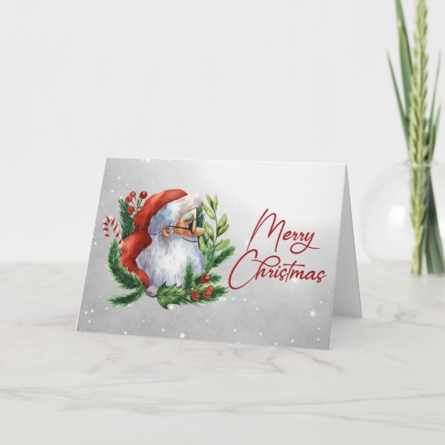 Merry Christmas Santa Snow Watercolor Holiday Card (Front)