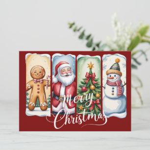 Merry Christmas Santa Snowman Xmas Tree Winter Holiday Card