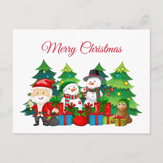 Merry Christmas Santa, Snowmen and Presents Holiday Postcard (Front)