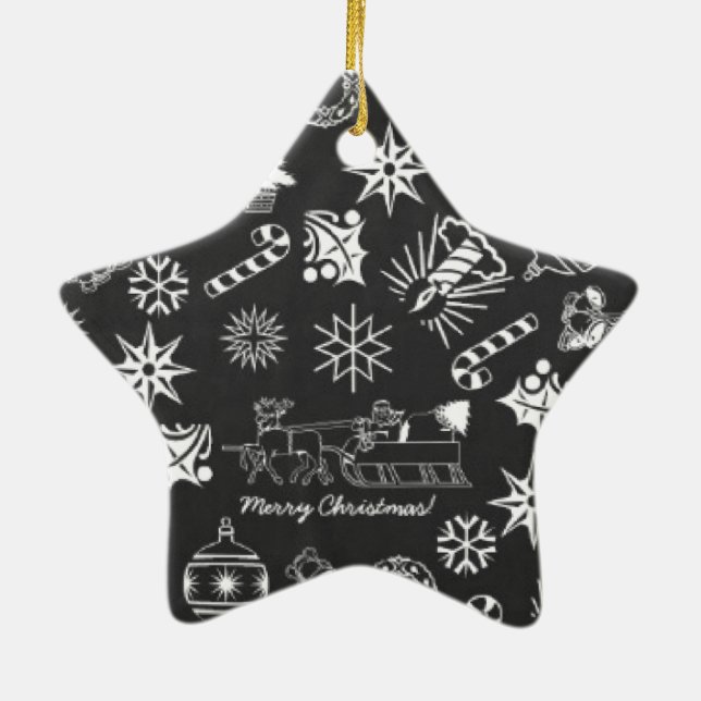 Merry Christmas Santa Symbols, Black and White Ceramic Tree Decoration (Back)