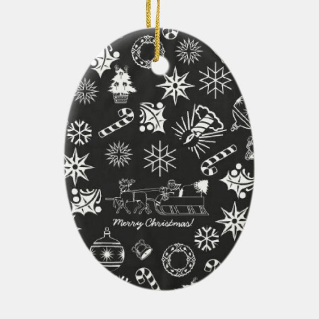 Merry Christmas Santa Symbols, Black and White Ceramic Tree Decoration (Back)