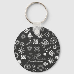 Merry Christmas Santa Symbols, Black and White Key Ring