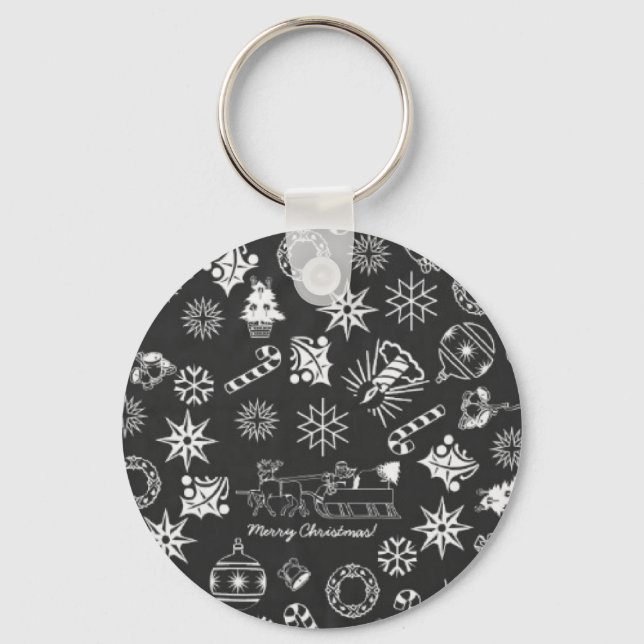 Merry Christmas Santa Symbols, Black and White Key Ring (Front)