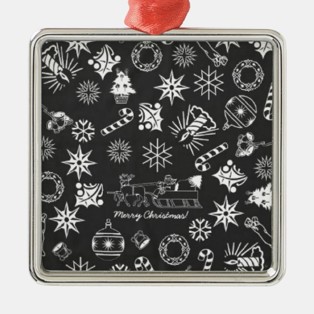 Merry Christmas Santa Symbols, Black and White Metal Tree Decoration (Front)