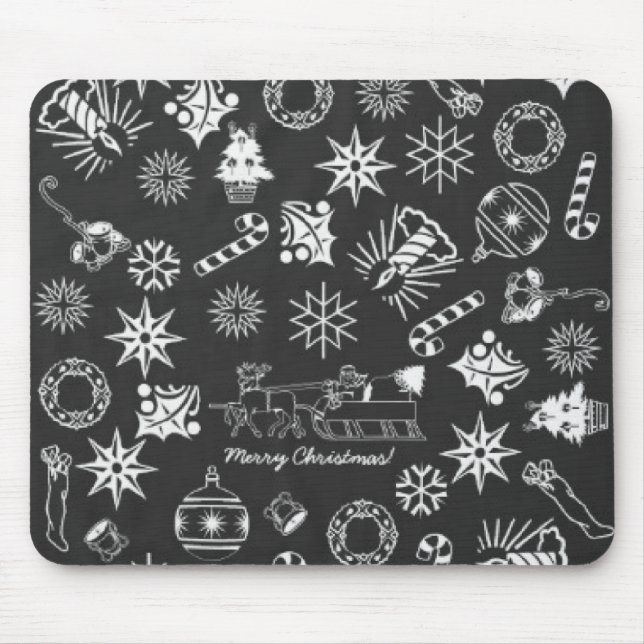 Merry Christmas Santa Symbols, Black and White Mouse Mat (Front)