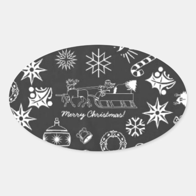 Merry Christmas Santa Symbols, Black and White Oval Sticker (Front)