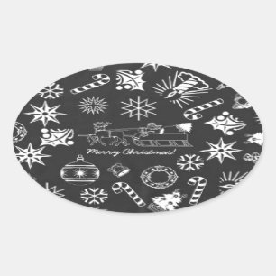 Merry Christmas Santa Symbols, Black and White Oval Sticker
