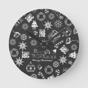 Merry Christmas Santa Symbols, Black and White Round Clock
