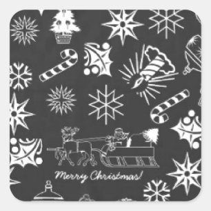 Merry Christmas Santa Symbols, Black and White Square Sticker