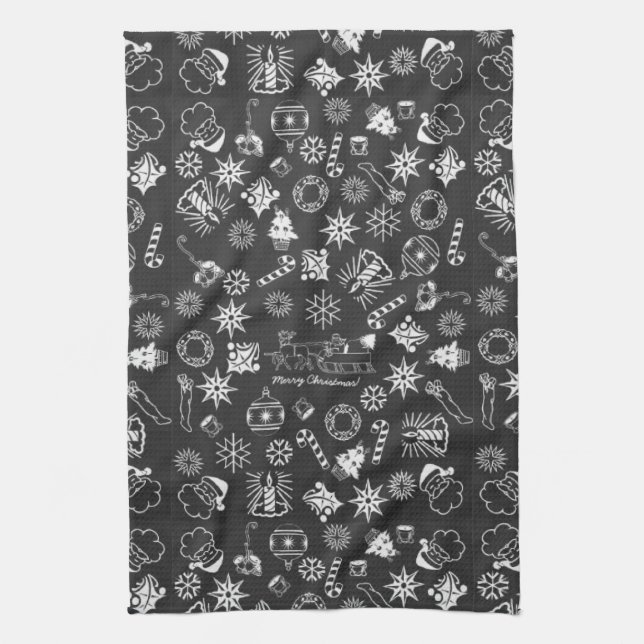 Merry Christmas Santa Symbols, Black and White Tea Towel (Vertical)