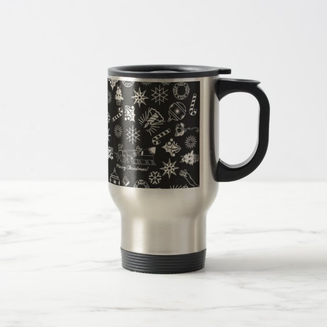 Merry Christmas Santa Symbols, Black and White Travel Mug (Right)