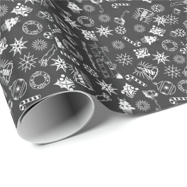 Merry Christmas Santa Symbols, Black and White Wrapping Paper (Roll Corner)