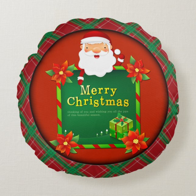 Merry Christmas Santa Tartan Plaid Round Cushion (Front)
