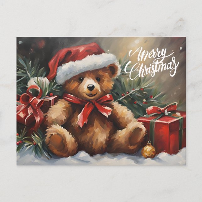 Merry Christmas Santa Teddy Bear Holiday Postcard (Front)