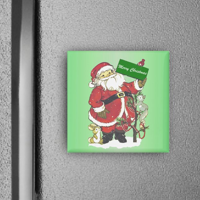 Merry Christmas Santa Tree Little Animals Snow Magnet (Cute Santa Claus with little forest animals decorated tree on green merry Christmas square magnet.)