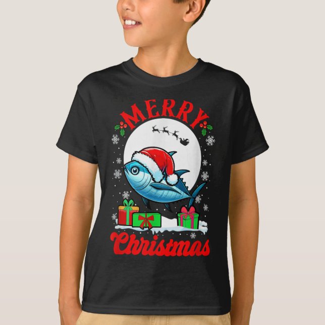Merry Christmas Santa Tuna Xmas Box Funny Fishing  T-Shirt (Front)