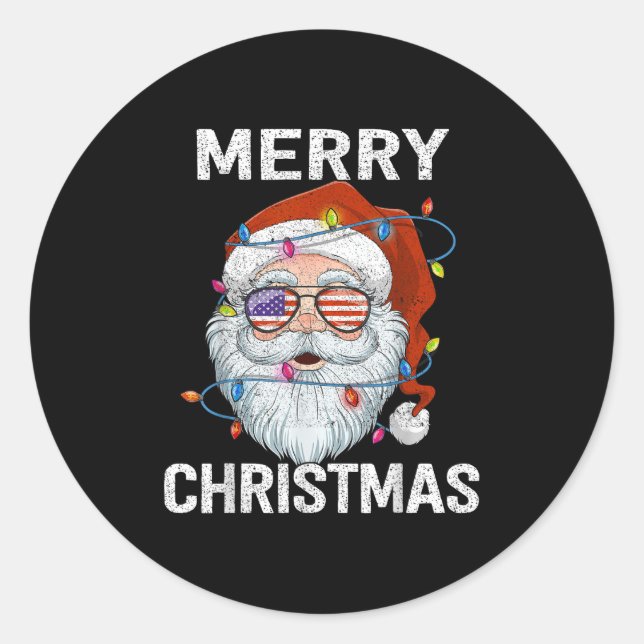 Merry Christmas Santa Usa Flag Christmas Xmas Men  Classic Round Sticker (Front)