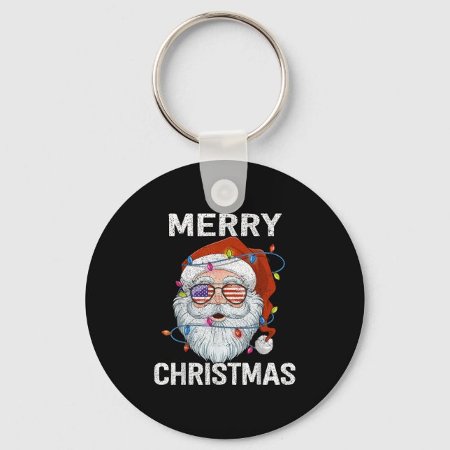 Merry Christmas Santa Usa Flag Christmas Xmas Men  Key Ring (Front)