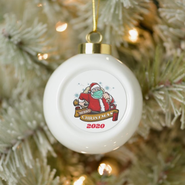 Merry Christmas Santa Wearing A Mask Ceramic Ball Christmas Ornament (Tree)
