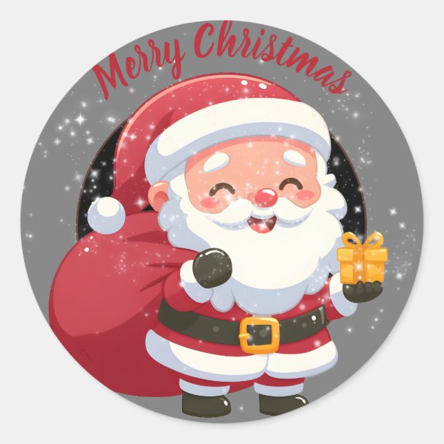 Merry Christmas Santa with gift on black and grey Classic Round Sticker (Front)