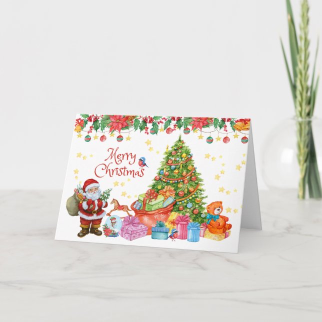 Merry Christmas Santa with Gifts & Christmas Tree  Card (Front)