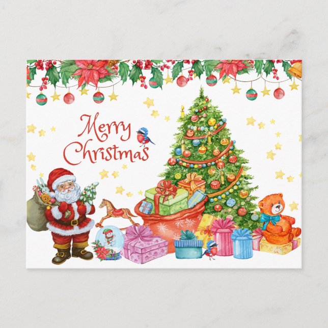Merry Christmas Santa with Gifts & Christmas Tree Holiday Postcard (Front)