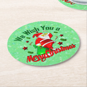 Merry Christmas Santa with Sack Stars Cane Round Paper Coaster