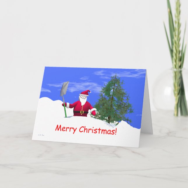 Merry Christmas Santa with Shovel Holiday Card (Front)