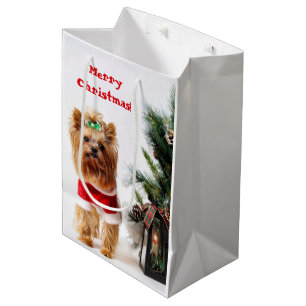 Merry Christmas Santa Yorkie with Christmas Tree Medium Gift Bag