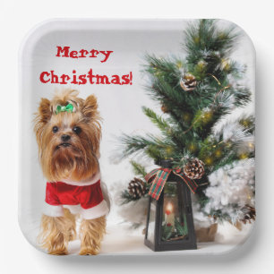 Merry Christmas Santa Yorkie with Christmas Tree Paper Plate