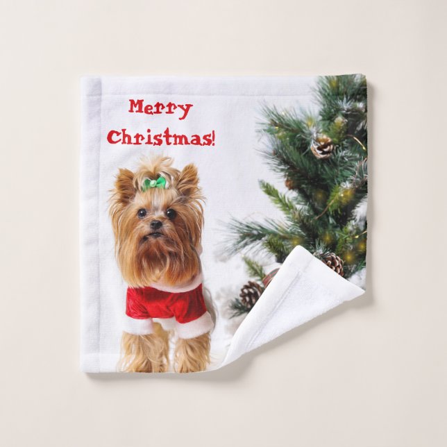 Merry Christmas Santa Yorkie with Christmas Tree Wash Cloth (Wash Cloth)