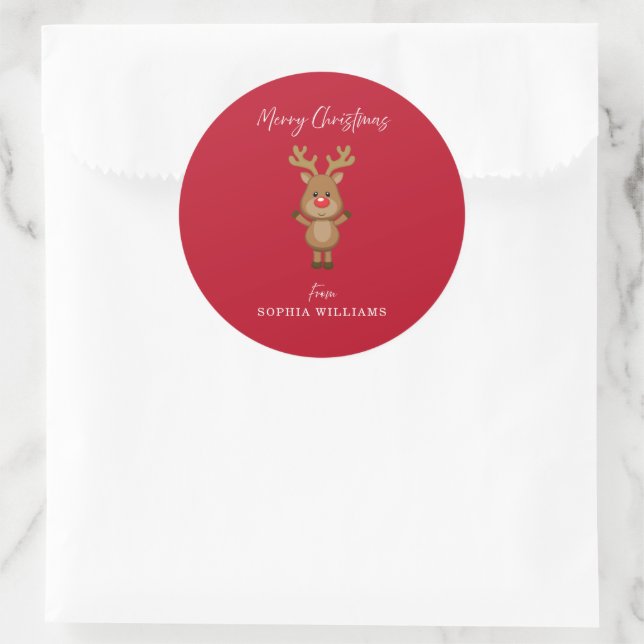 Merry Christmas Santa's Reindeer Present Red Classic Round Sticker (Bag)