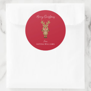 Merry Christmas Santa's Reindeer Present Red Classic Round Sticker