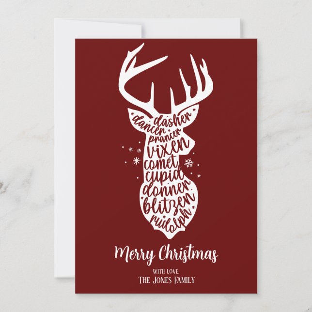 Merry Christmas Santa's Reindeers, Dark Red Holiday Card (Front)