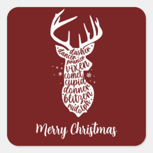 Merry Christmas Santa's Reindeers, Dark Red Square Sticker