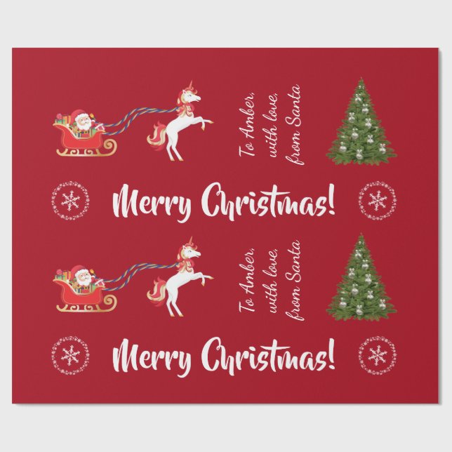 Merry Christmas Santa's Sleigh Unicorn Personalise Wrapping Paper (Flat)