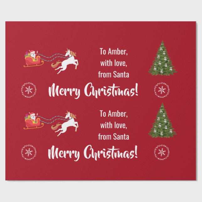 Merry Christmas Santa's Sleigh Unicorn Personalise Wrapping Paper (Flat)