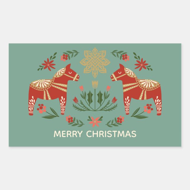 Merry Christmas scandi dala horse Rectangular Sticker (Front)
