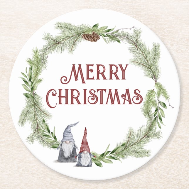 Merry Christmas Scandinavian Folk Art Gnome Wreath Round Paper Coaster (Front)