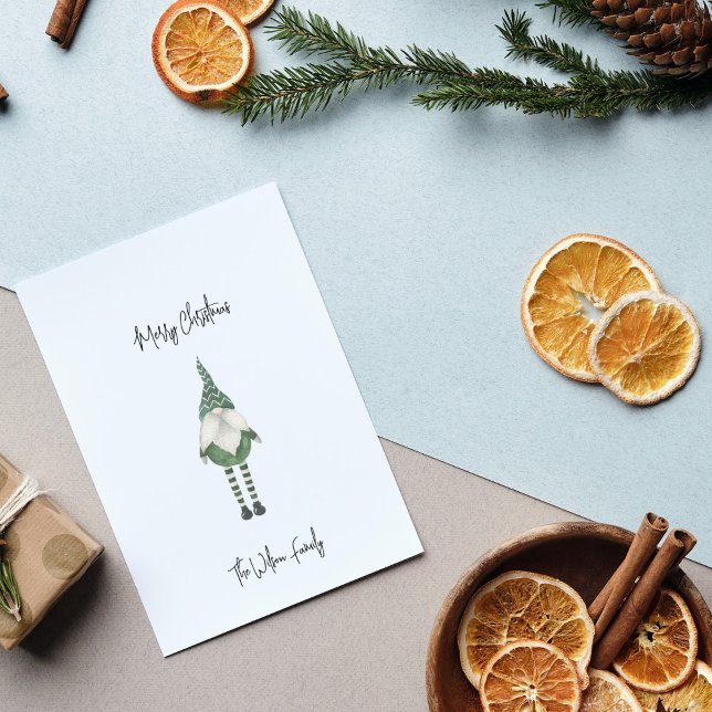 Merry Christmas Scandinavian Green Gnome Minimal Holiday Card (Creator Uploaded)