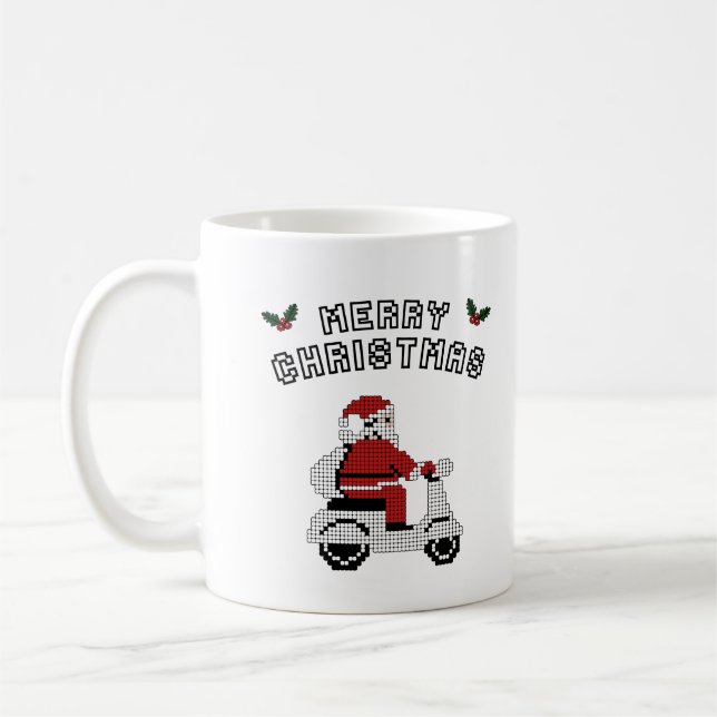 Merry Christmas Scooter Pixel Art Design Coffee Mug (Left)