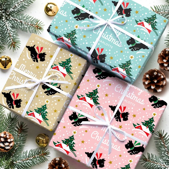 Merry Christmas Scottie Dog Snow Fun Name Wrapping Paper Sheet (Creator Uploaded)