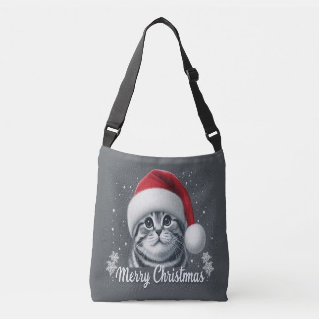 Merry Christmas Scottish Fold Cat, Xmas Santa Cat Crossbody Bag (Front)