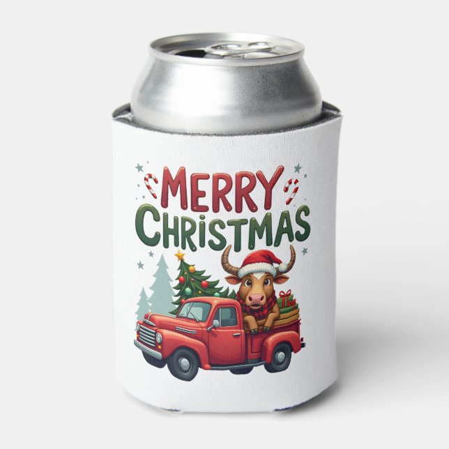 Merry Christmas Scottish Highland Cow Xmas Farm An Can Cooler (Can Front)