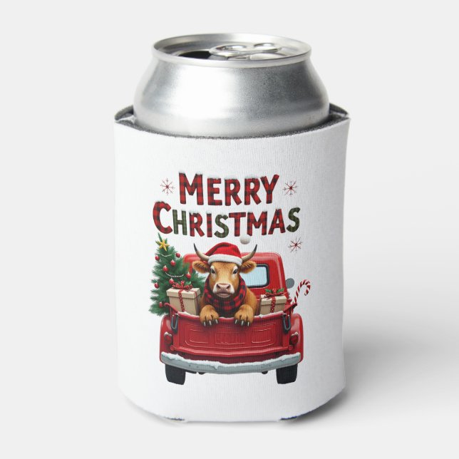 Merry Christmas Scottish Highland Cow Xmas Farm An Can Cooler (Can Front)